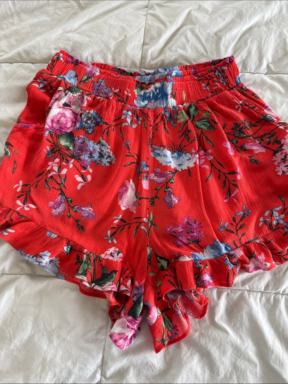 miami orange Floral Elastic Waist Ruffle Shorts